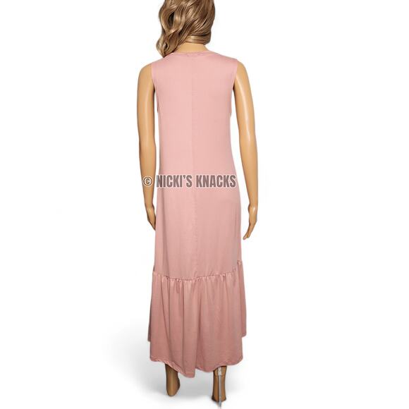 Blush Pink Sleeveless Midi Dress Shift Style Ruffle Hem Lagenlook Cottagecore L - Picture 4 of 8